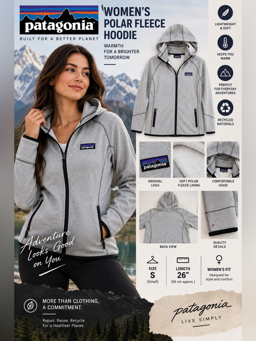 Patagonia Women’s Fleece Hooded Jacket Gray Full Zip Pockets Size S